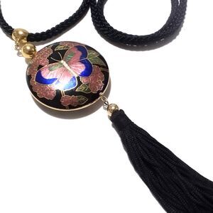 Vintage Butterfly Cloisonne Tasseled Pendant Necklace